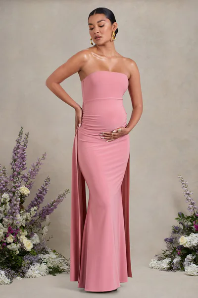 Club L London Christina | Blush Pink Bandeau Sleeveless Maternity Maxi Dress With Cape