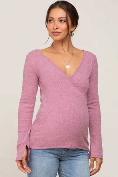 PinkBlush Mauve Ribbed Long Sleeve Wrap Maternity Nursing Top