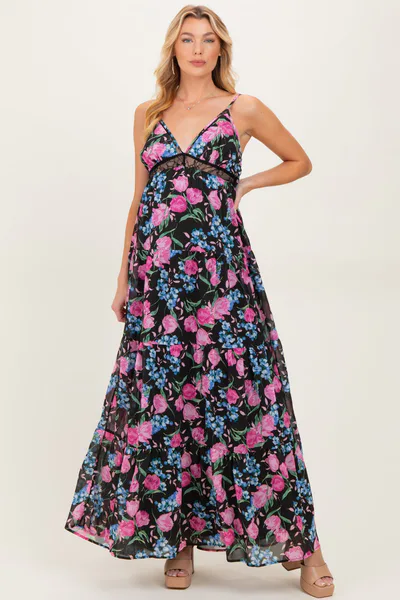 PinkBlush Black Floral Lace Inset Tiered Maternity Maxi Dress