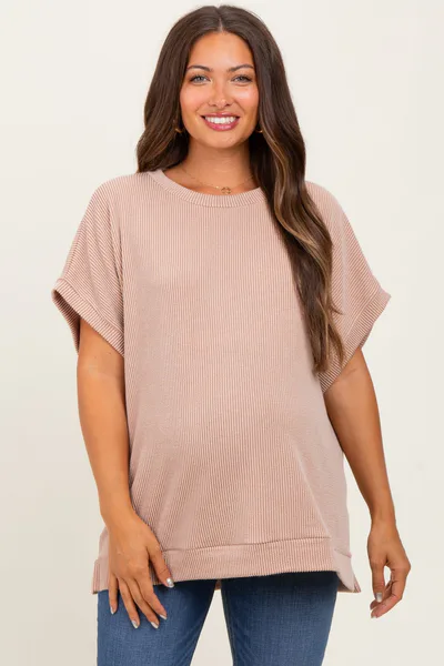 PinkBlush Mocha Solid Ribbed Short Sleeve Oversized Maternity Tunic Top