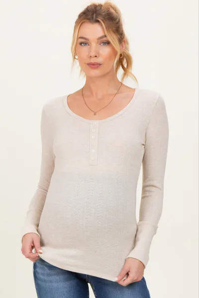 PinkBlush Oatmeal Pointelle Knit Maternity Henley Top