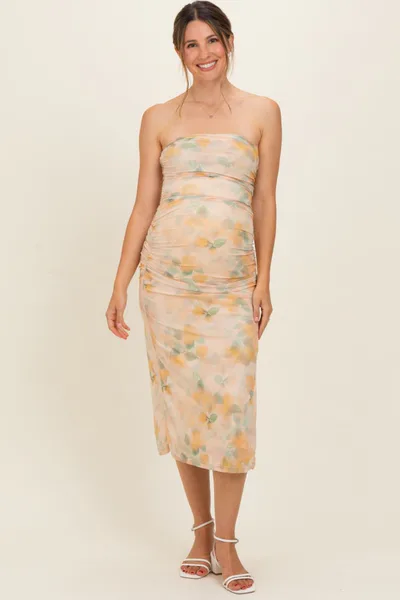 PinkBlush Yellow Floral Mesh Ruched Strapless Maternity Midi Dress
