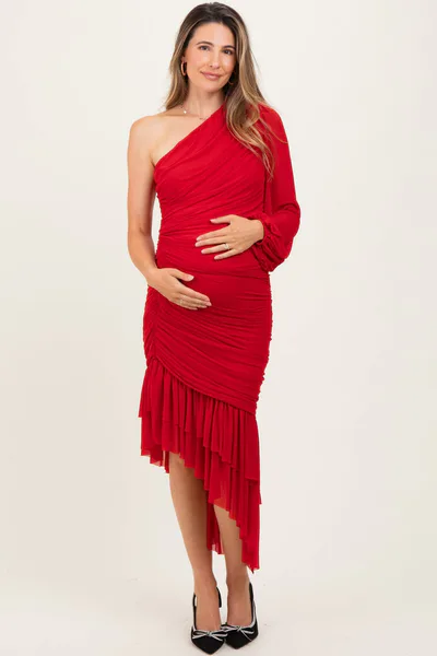 PinkBlush Red Mesh Ruched One Shoulder Asymmetric Maternity Dress