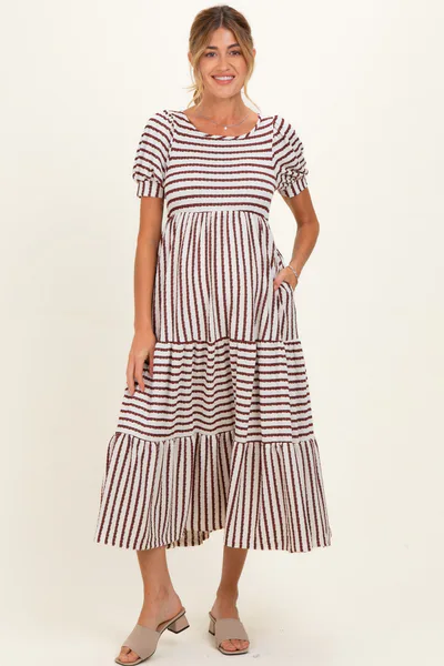PinkBlush Cream/ Burgundy Striped Short Sleeve Tiered Maternity Maxi Dress