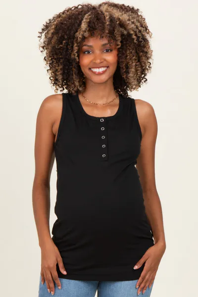 PinkBlush Black Ribbed Sleeveless Henley Maternity Tank Top