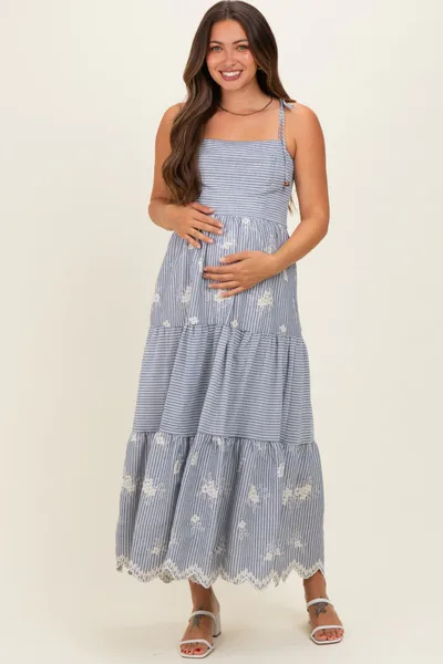 PinkBlush Navy Striped Embroidered Shoulder Tie Maternity Midi Dress