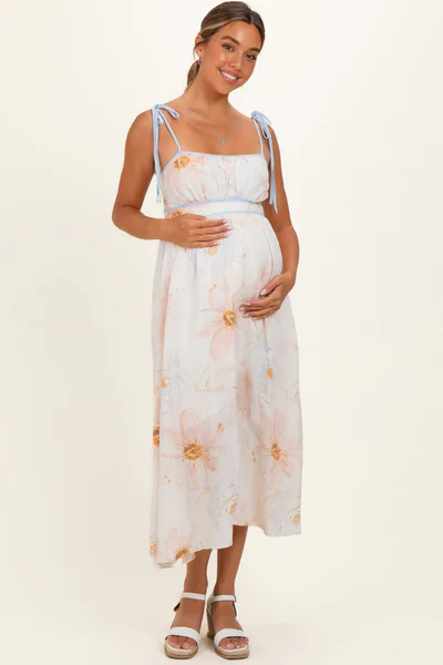 PinkBlush Tan Watercolor Floral Shoulder Tie Maternity Midi Dress