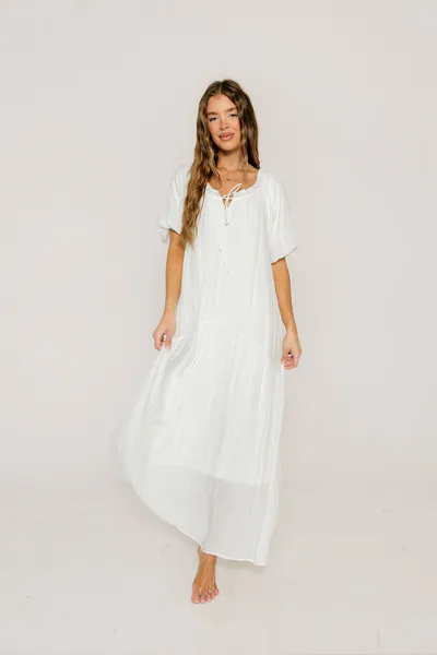 Worth Collective Christina Puffed Sleeve Maxi Dress in Off White - Bump Friendly