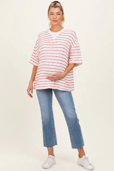 PinkBlush Red Oversized Striped Maternity Short Sleeve Top