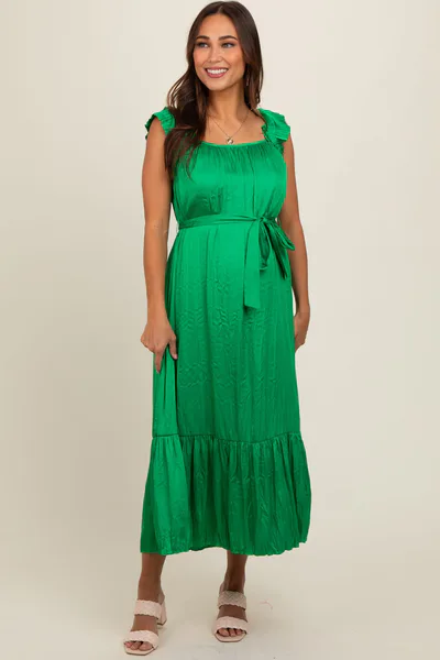 PinkBlush Green Ruffle Short Sleeve Self Tie Maternity Dress