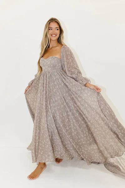 Worth Collective Delilah Maxi Dress with Train in Taupe - Bump Friendly
