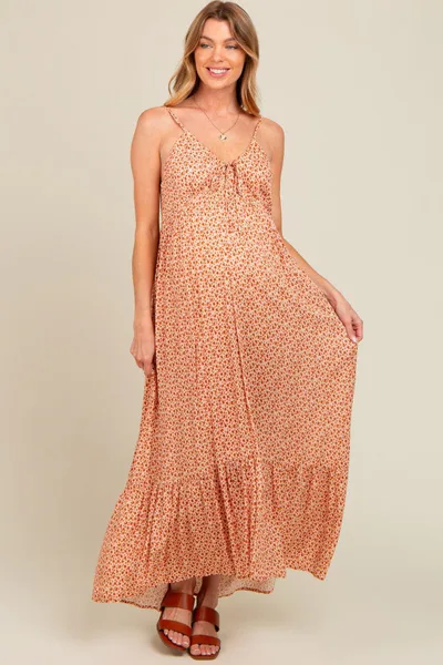 PinkBlush Beige Floral Tie Front Maternity Maxi Dress