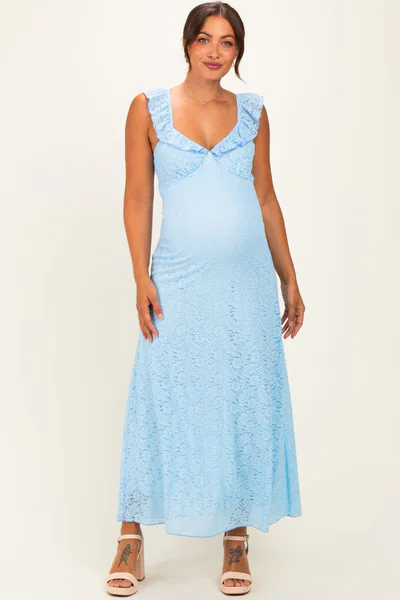 PinkBlush Light Blue Textured Short Sleeve Sweetheart Maternity Maxi Dress