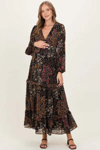 PinkBlush Black Floral Chiffon V-Neck Long Sleeve Maternity Maxi Dress