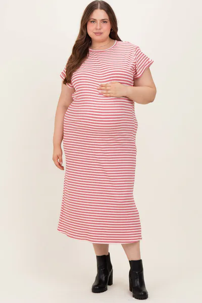PinkBlush Red Striped Maternity Plus Midi T-Shirt Dress