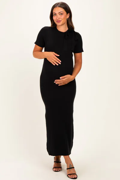 PinkBlush Black Tie Neck Short Sleeve Knit Maternity Dress
