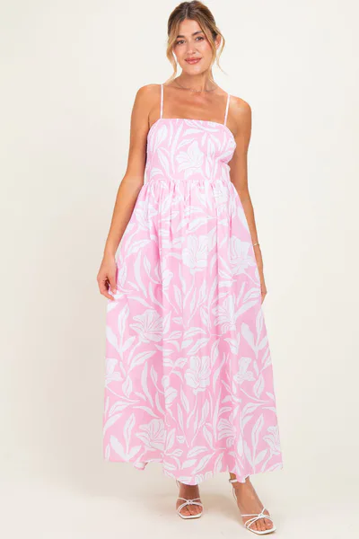 PinkBlush Light Pink Floral Smocked Maternity Midi Dress