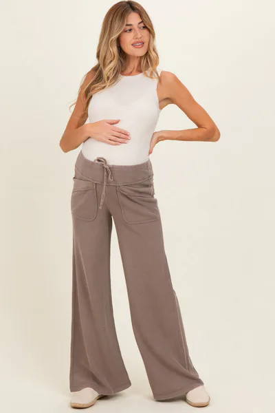 PinkBlush Mocha Mineral Wash Waffle Knit Wide Leg Maternity Pants