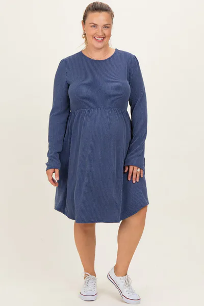 PinkBlush Navy Textured Rib Long Sleeve Maternity Plus Dress
