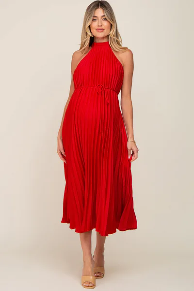 PinkBlush Red Pleated Maternity Halter Dress
