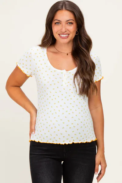 PinkBlush Ivory Mustard Ditsy Floral Lettuce Edge Maternity Henley Top