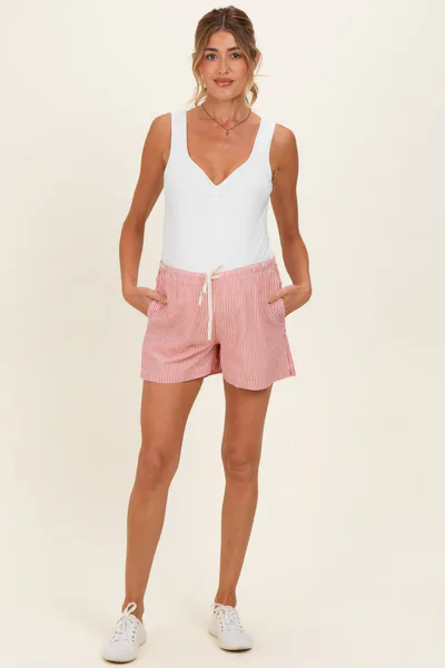 PinkBlush Red Striped Drawstring Maternity Shorts