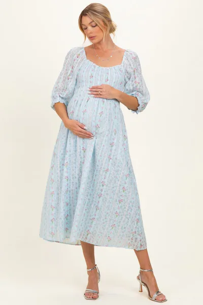 PinkBlush Light Blue Floral Smocked Maternity Midi Dress