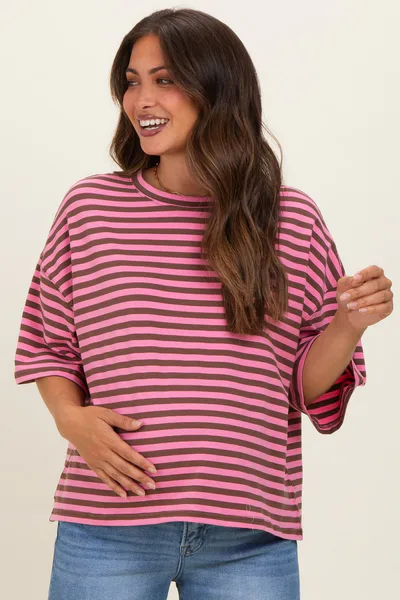 PinkBlush Chocolate Oversized Striped Maternity Boyfriend Tee