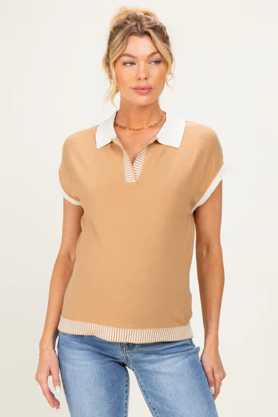 PinkBlush Tan Stripe Trim Maternity Collared Top