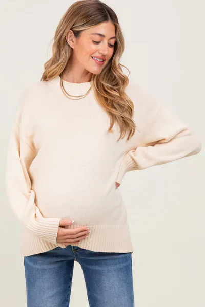 PinkBlush Cream Drop Shoulder Oversized Maternity Sweater