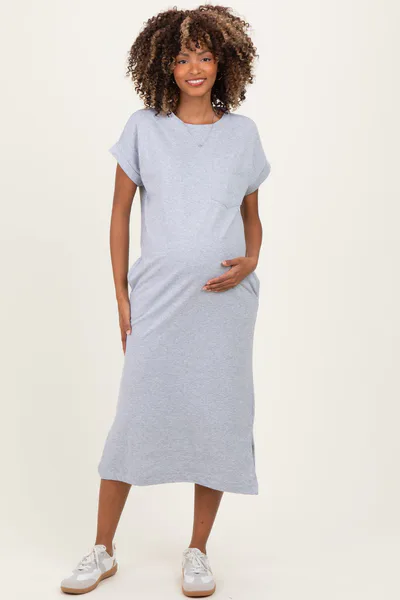 PinkBlush Heather Grey Pocket Front Maternity Midi T-Shirt Dress