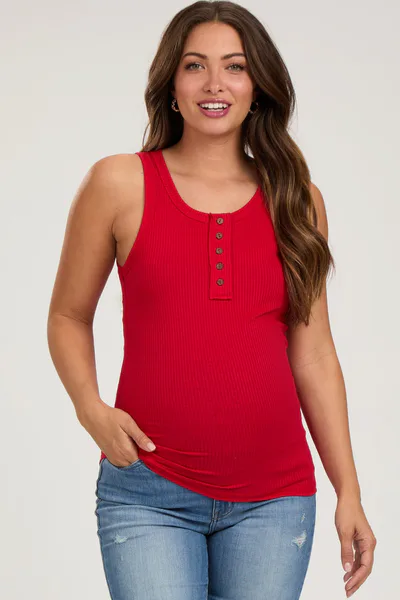 PinkBlush Red Button Accent Ribbed Maternity Tank