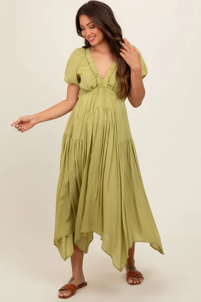 PinkBlush Light Olive Deep V-Neck Puff Short Sleeve Asymmetrical Hem Maternity Midi Dress
