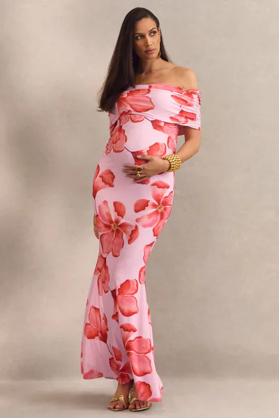 Club L London Dalisay | Pink Floral Print Bardot-Neck Maternity Maxi Dress
