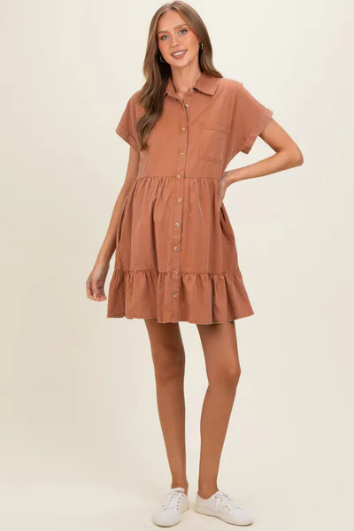 PinkBlush Clay Button Down Maternity Mini Dress