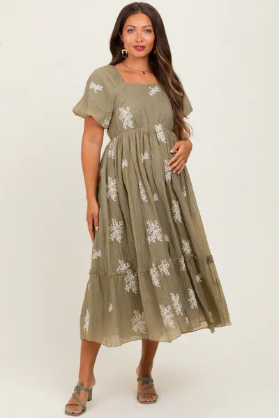 PinkBlush Light Olive Floral Print Ruffle Hem Maternity Midi Dress