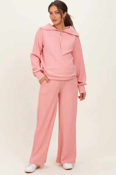 PinkBlush Peach Ribbed High Neck Half Zip Pullover Maternity Pant Set