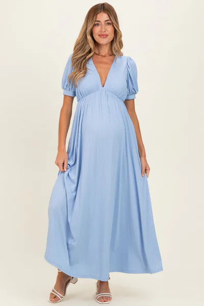 PinkBlush Blue Ribbed Puff Sleeve V-Neck Empire Waist Maternity Maxi Dress