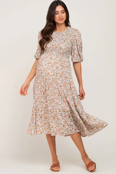 PinkBlush Taupe Floral Smocked Tiered Maternity Midi Dress