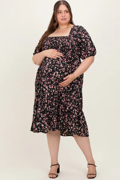 PinkBlush Black Floral Smocked Maternity Plus Midi Dress
