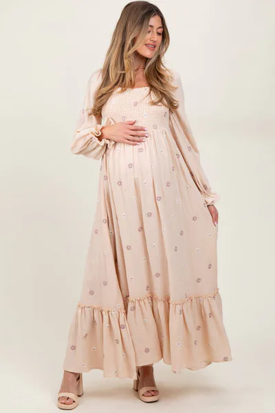 PinkBlush Cream Long Sleeve Floral Accent Maternity Dress