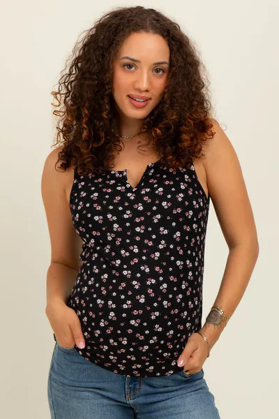PinkBlush Black Floral Ribbed Split Neck Maternity Tank Top