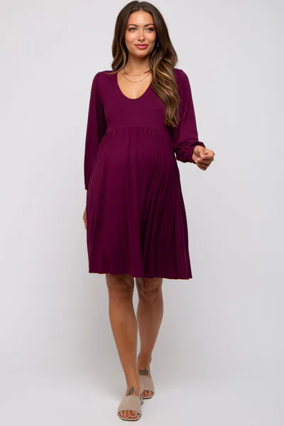 PinkBlush Burgundy Long Puff Sleeve Maternity Dress