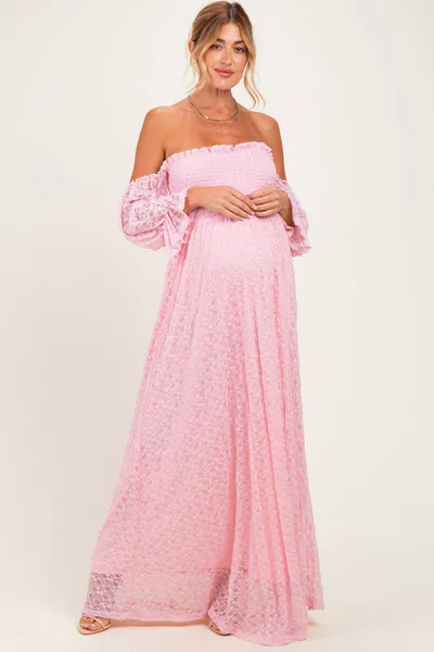 PinkBlush Pink Lace Off Shoulder Long Sleeve Maternity Dress