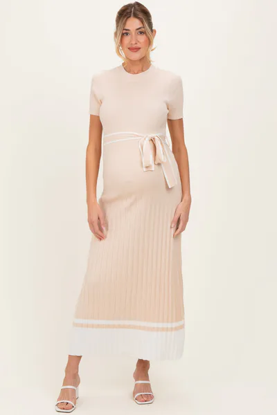 PinkBlush Beige Knit Pleated Sash Tie Maternity Midi Dress
