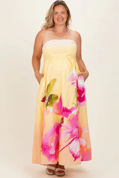 PinkBlush Light Yellow Floral Strapless Maternity Plus Maxi Dress