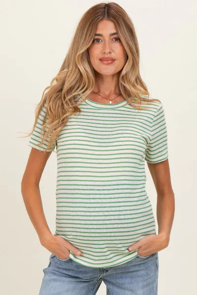 PinkBlush Green Striped Maternity Short Sleeve Top