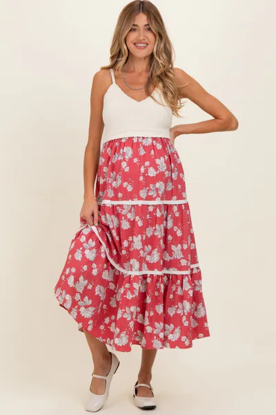 PinkBlush Cherry Red Floral Crochet Knit Top Floral Skirt Maternity Dress