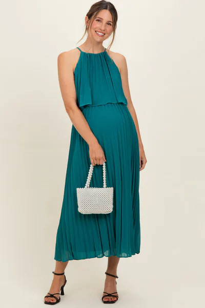 PinkBlush Teal Pleated Woven Maternity Midi Dress
