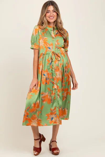 PinkBlush Light Olive Floral Satin Button Down Maternity Midi Dress